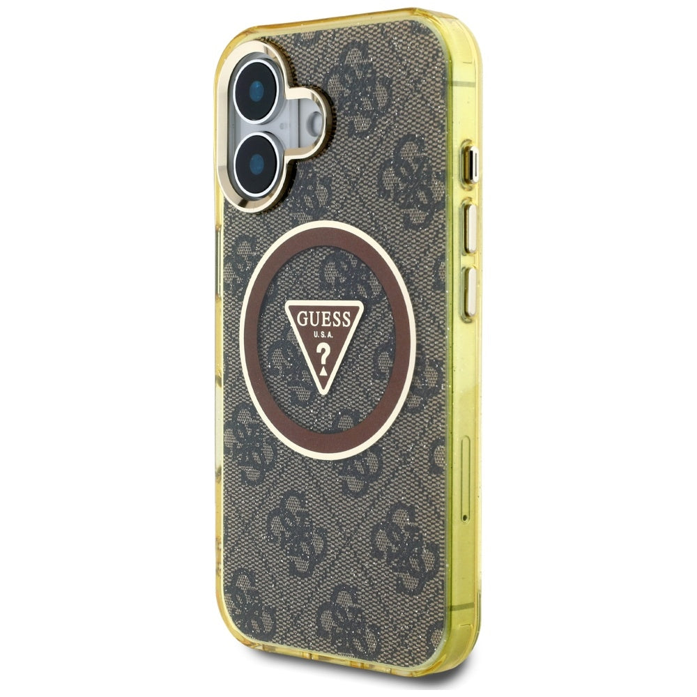 MagSafe hoesje voor Apple iPhone 16, Guess, IML Glitter 4G Circle Triangle, Bruin