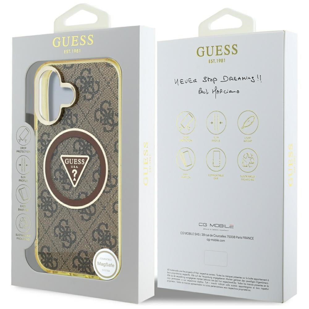 MagSafe hoesje voor Apple iPhone 16, Guess, IML Glitter 4G Circle Triangle, Bruin