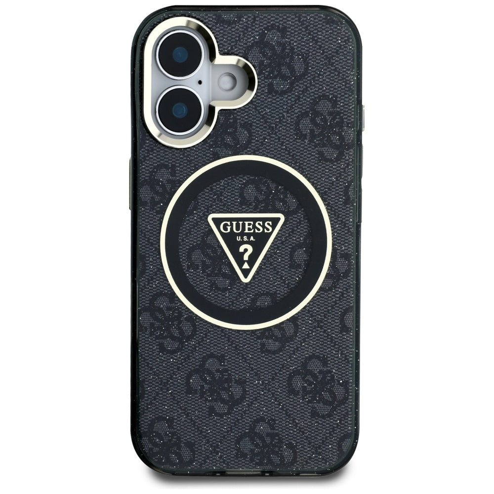 MagSafe hoesje voor Apple iPhone 16, Guess, IML Glitter 4G Circle Triangle, Zwart
