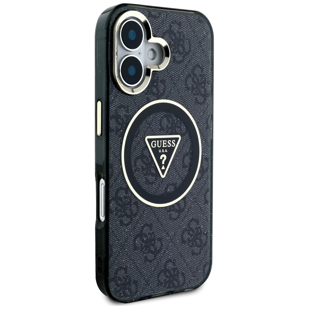 MagSafe hoesje voor Apple iPhone 16, Guess, IML Glitter 4G Circle Triangle, Zwart