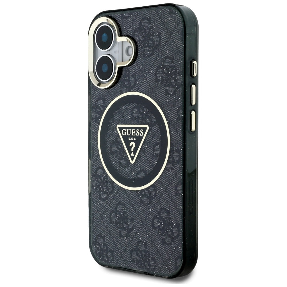 MagSafe hoesje voor Apple iPhone 16, Guess, IML Glitter 4G Circle Triangle, Zwart
