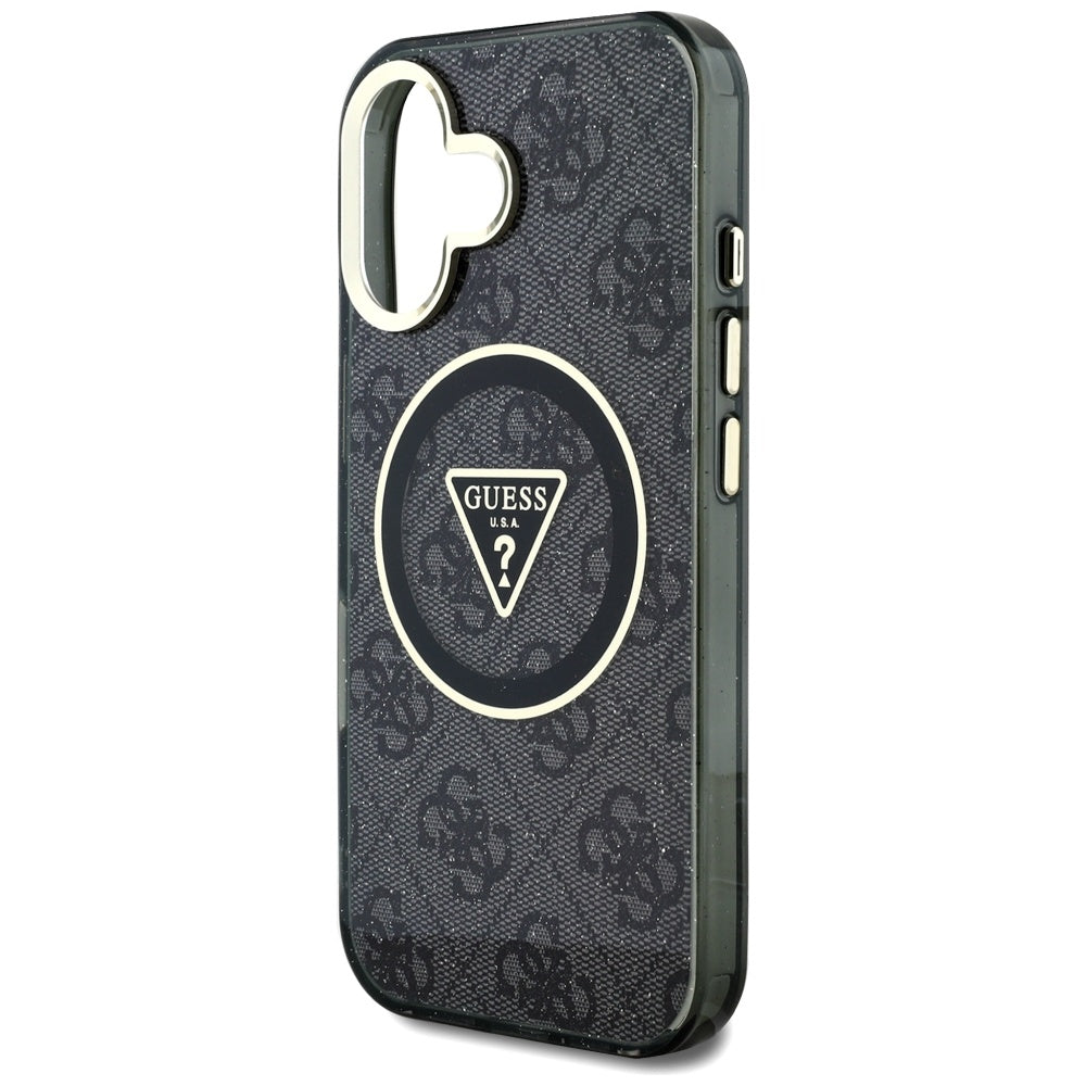 MagSafe hoesje voor Apple iPhone 16, Guess, IML Glitter 4G Circle Triangle, Zwart