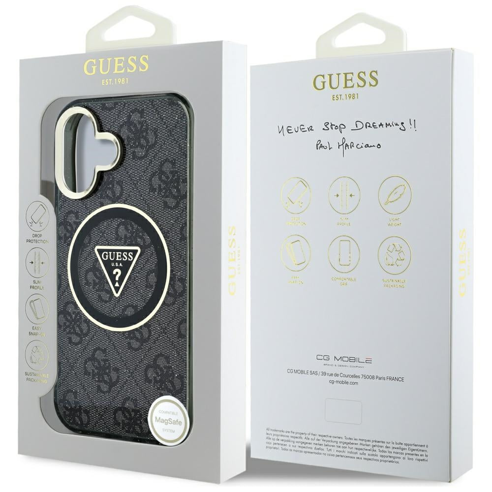 MagSafe hoesje voor Apple iPhone 16, Guess, IML Glitter 4G Circle Triangle, Zwart