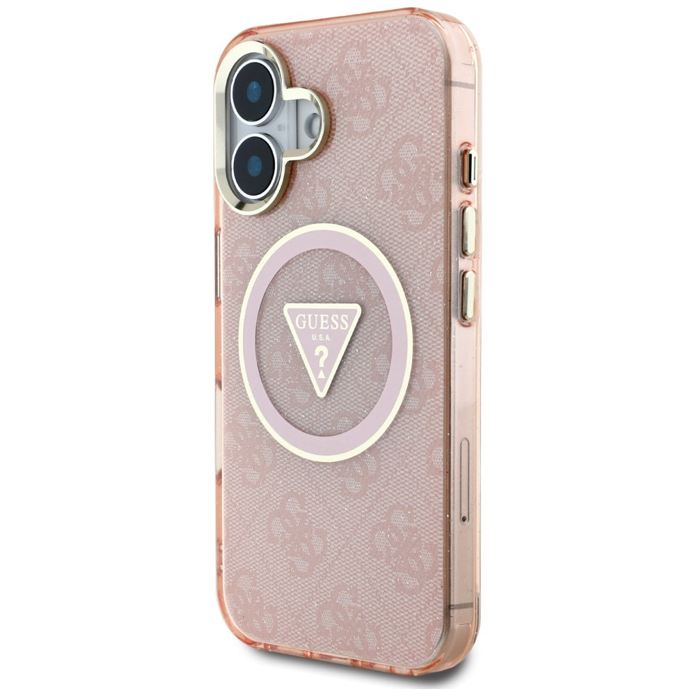MagSafe hoesje voor Apple iPhone 16, Guess, IML Glitter 4G Circle Triangle, Roze