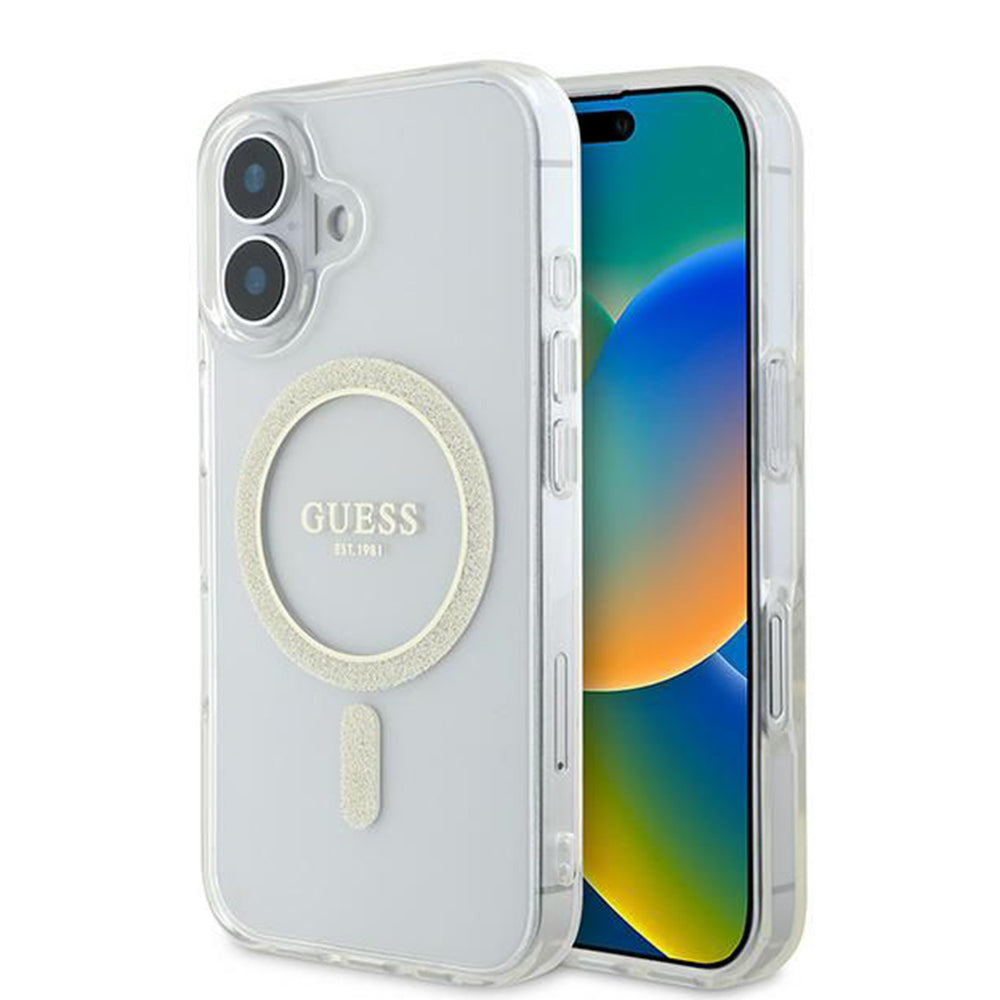 MagSafe hoesje voor Apple iPhone 16, Guess, IML Glitter Circle, Transparant