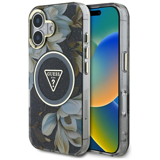 MagSafe hoesje voor Apple iPhone 16, Guess, IML Metal Glitter Flowers Triangle, Zwart