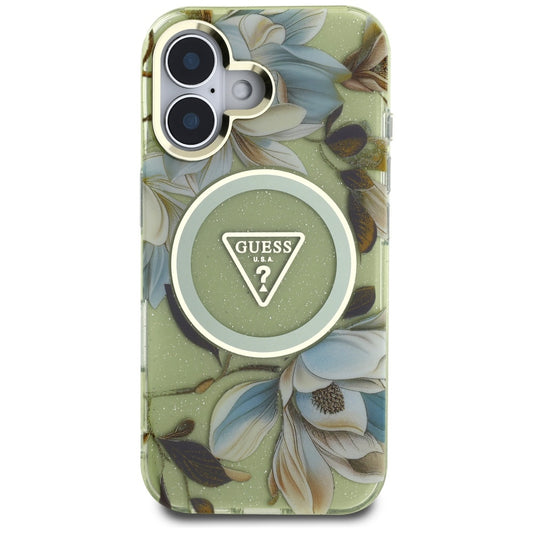 MagSafe hoesje voor Apple iPhone 16, Guess, IML Metal Glitter Flowers Triangle, Groen