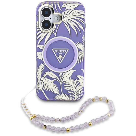 MagSafe hoesje voor Apple iPhone 16, Guess, IML Palm Trees Triangle met Parelband, Paars