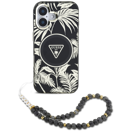 MagSafe hoesje voor Apple iPhone 16, Guess, IML Palm Trees Triangle met Parelband, Zwart