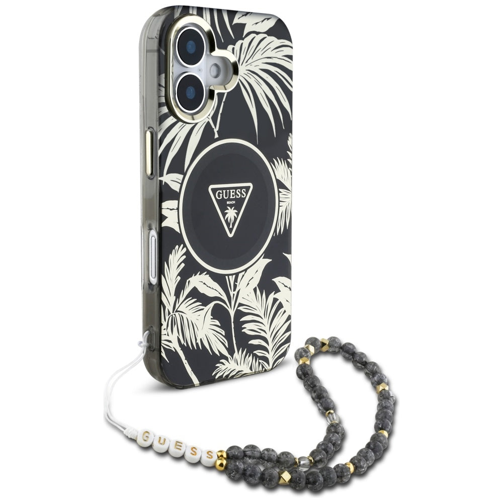 MagSafe hoesje voor Apple iPhone 16, Guess, IML Palm Trees Triangle met Parelband, Zwart