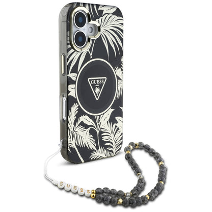 MagSafe hoesje voor Apple iPhone 16, Guess, IML Palm Trees Triangle met Parelband, Zwart
