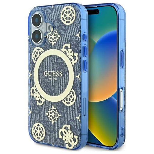 MagSafe hoesje voor Apple iPhone 16, Guess, IML Peony On 4G Background, Blauw