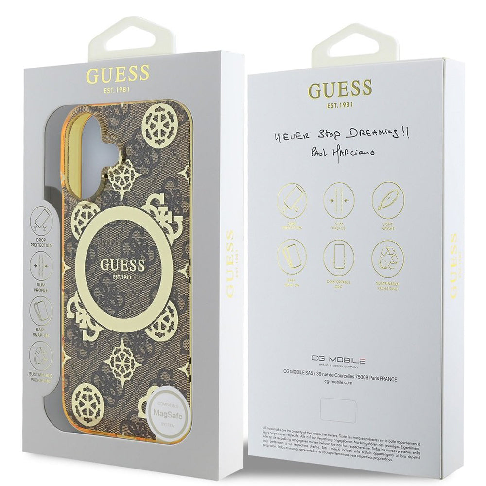 MagSafe hoesje voor Apple iPhone 16, Guess, IML Peony On 4G Background, Bruin
