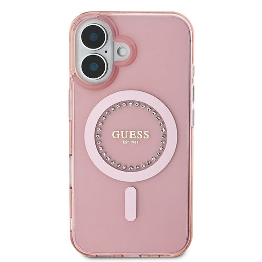 MagSafe hoesje voor Apple iPhone 16, Guess, IML Rhinestones Ring, Roze GUHMP16SPFTDTEP