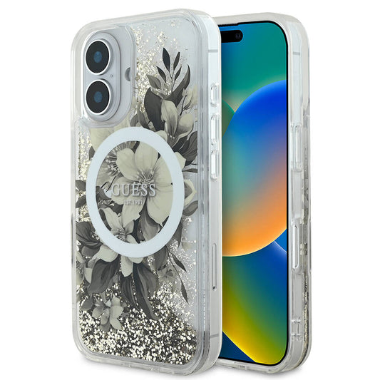 MagSafe hoesje voor Apple iPhone 16, Guess, Liquid Glitter Flower, Beige