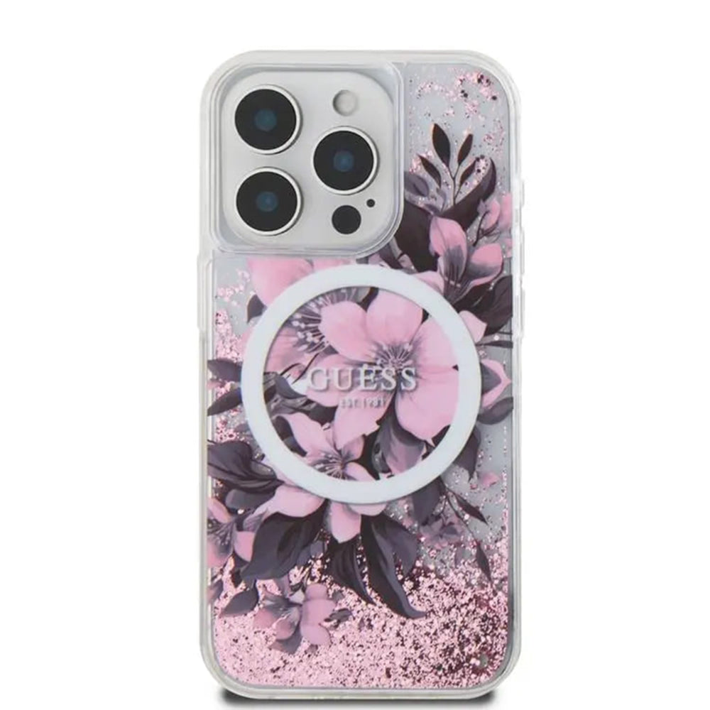 MagSafe hoesje voor Apple iPhone 16, Guess, Liquid Glitter Flower, Roze