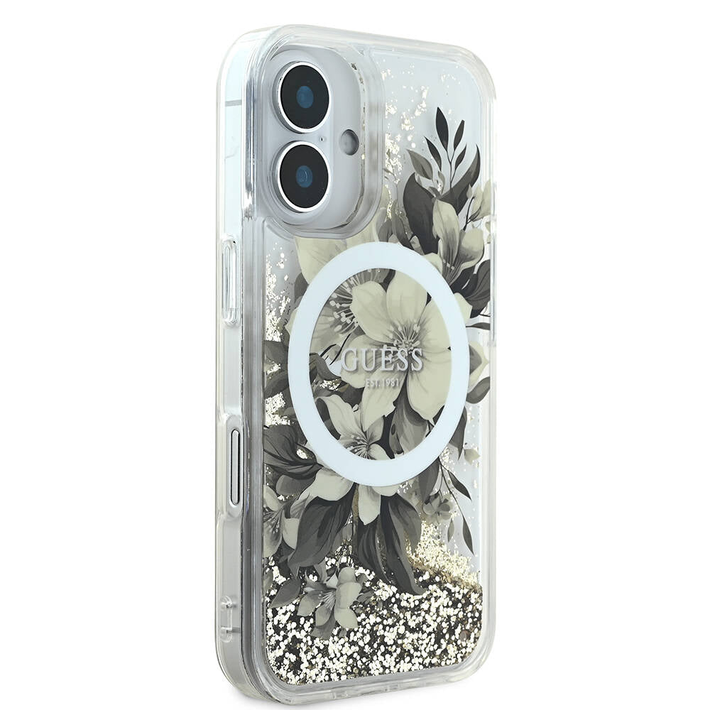 MagSafe hoesje voor Apple iPhone 16, Guess, Liquid Glitter Flower, Roze