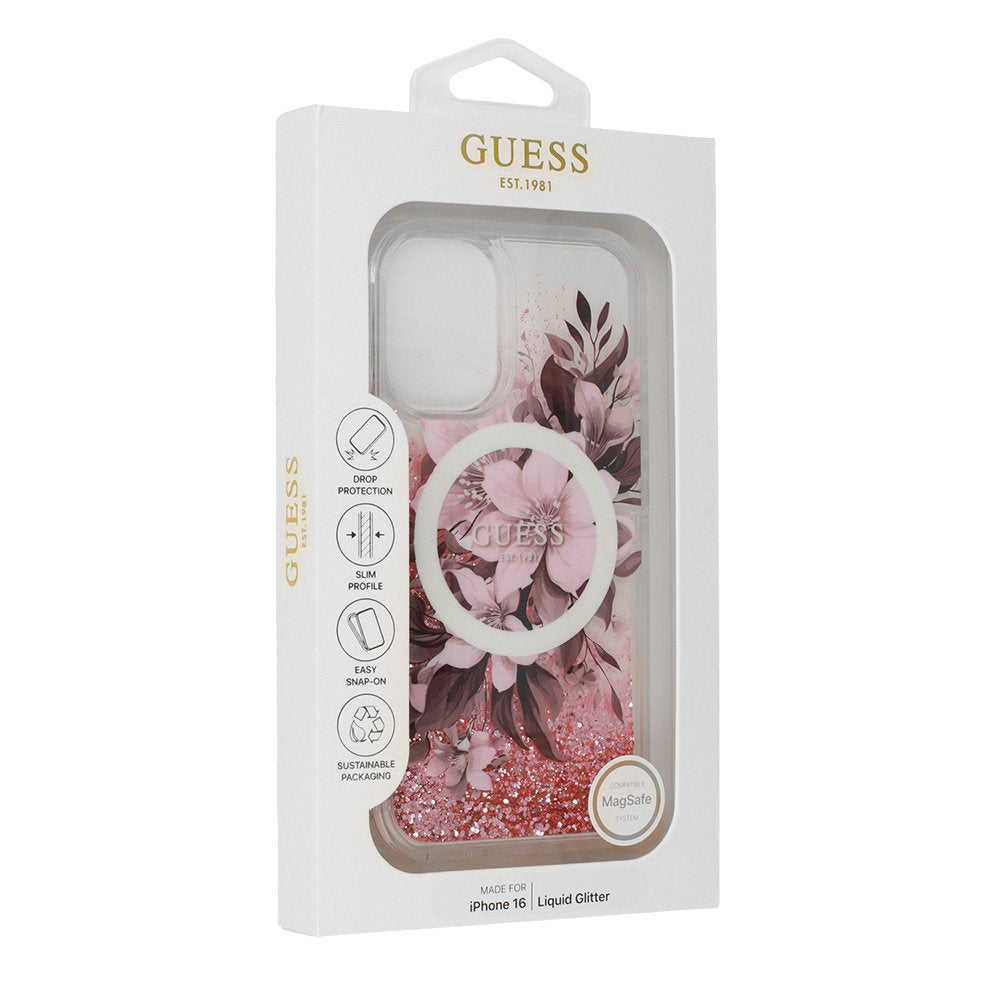 MagSafe hoesje voor Apple iPhone 16, Guess, Liquid Glitter Flower, Roze