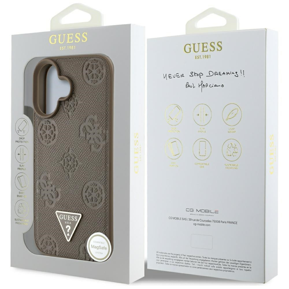 MagSafe hoes voor Apple iPhone 16, Guess, Peony Grained Hot Stamp Triangle, Bruin