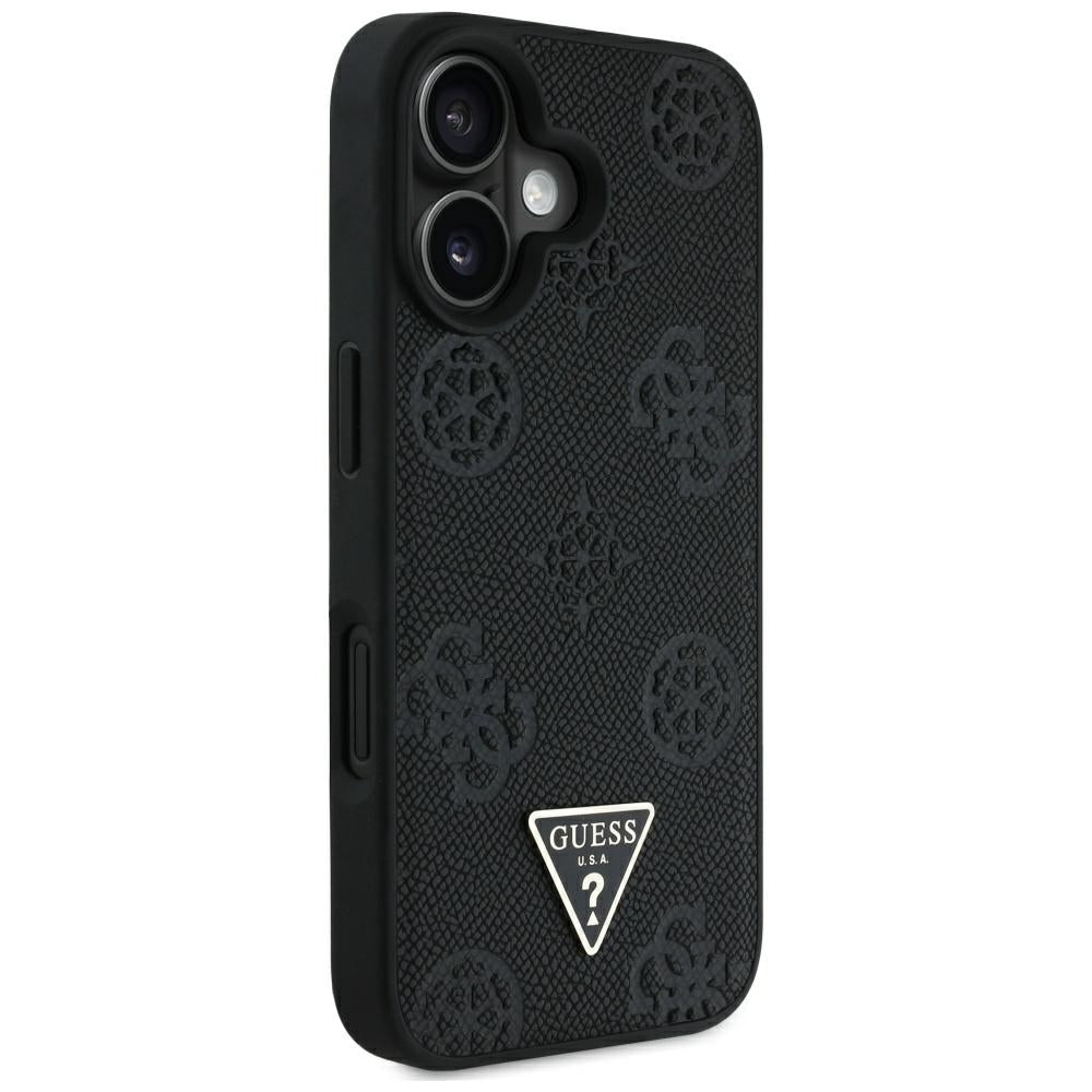 MagSafe hoes voor Apple iPhone 16, Guess, Peony Grained Hot Stamp Triangle, Zwart