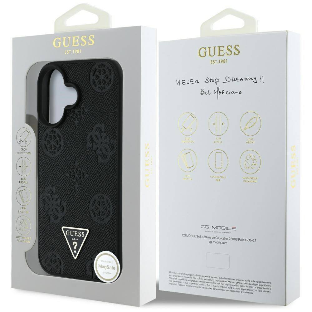 MagSafe hoes voor Apple iPhone 16, Guess, Peony Grained Hot Stamp Triangle, Zwart