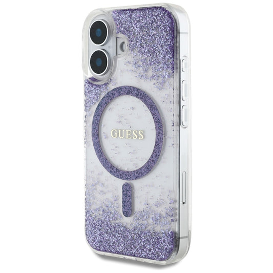 MagSafe Case for Apple iPhone 16, Guess, Resin Bottom Glitter, Purple