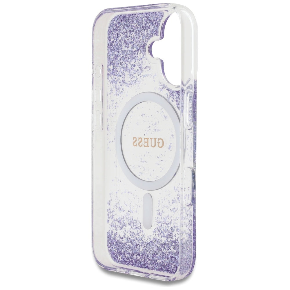 MagSafe hoesje voor Apple iPhone 16, Guess, Resin Bottom Glitter, Paars