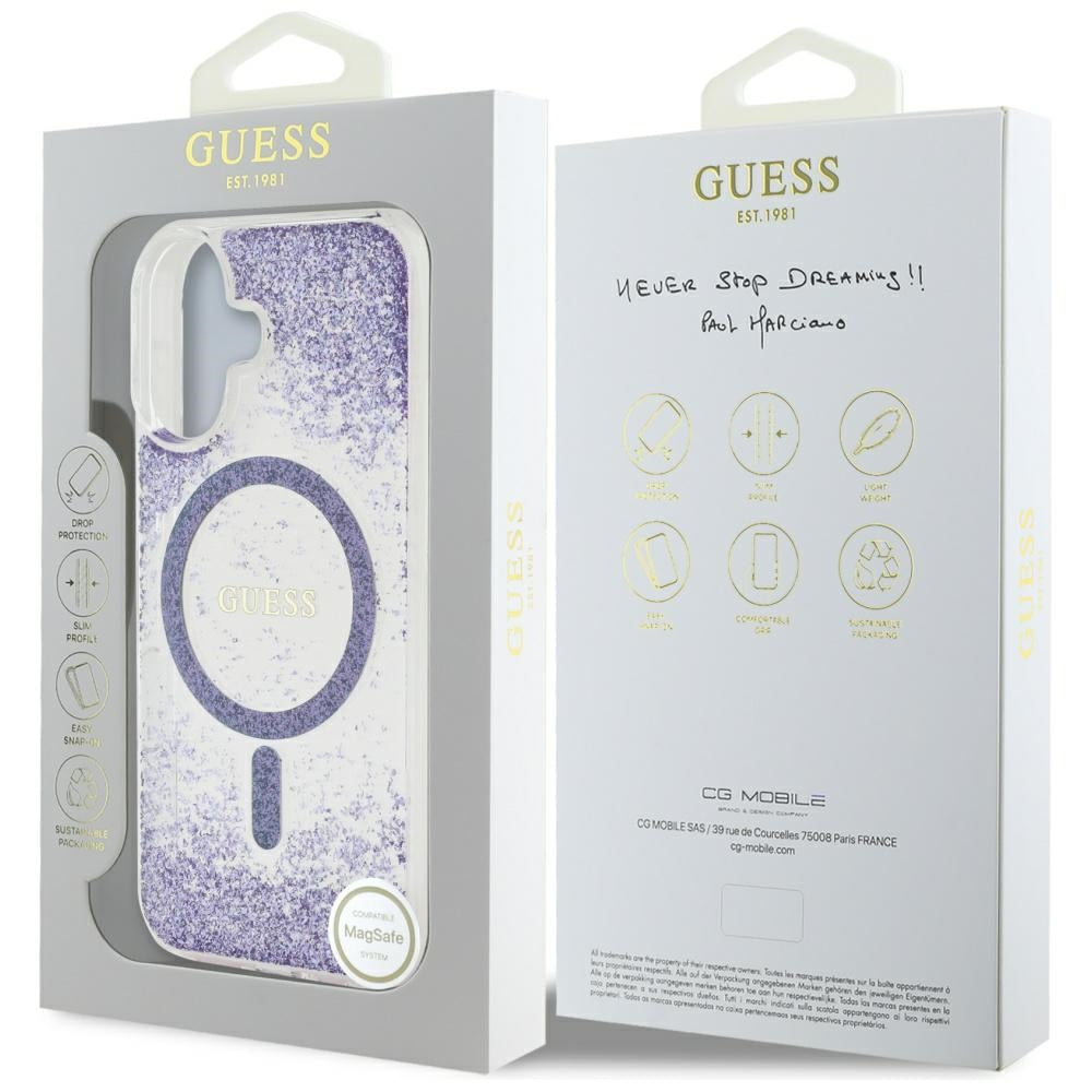 MagSafe hoesje voor Apple iPhone 16, Guess, Resin Bottom Glitter, Paars