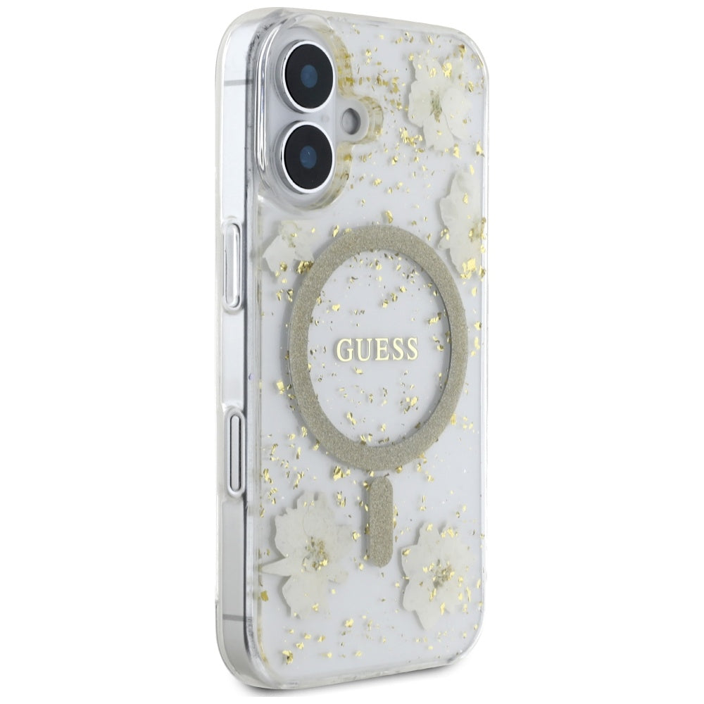 MagSafe hoes voor Apple iPhone 16, Guess, Resin Flowers and Glitter, Beige