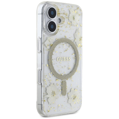 MagSafe hoes voor Apple iPhone 16, Guess, Resin Flowers and Glitter, Beige