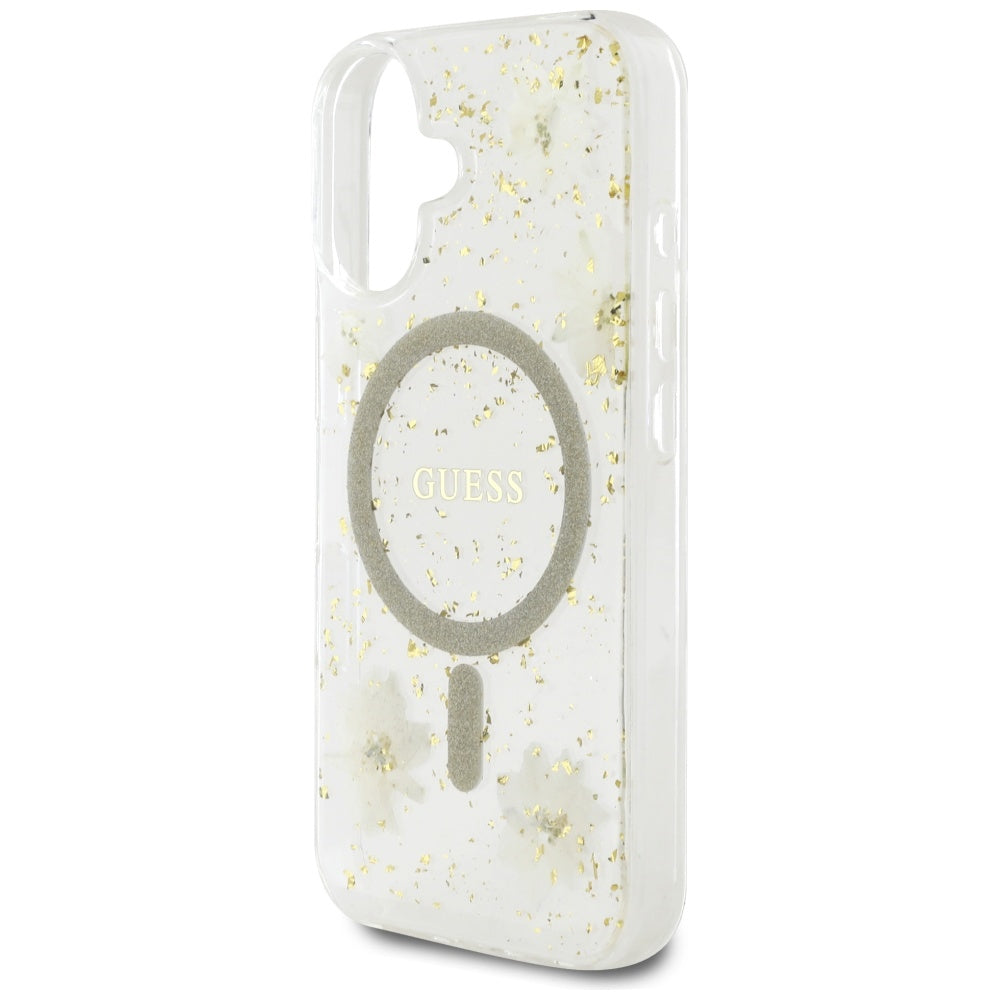 MagSafe hoes voor Apple iPhone 16, Guess, Resin Flowers and Glitter, Beige