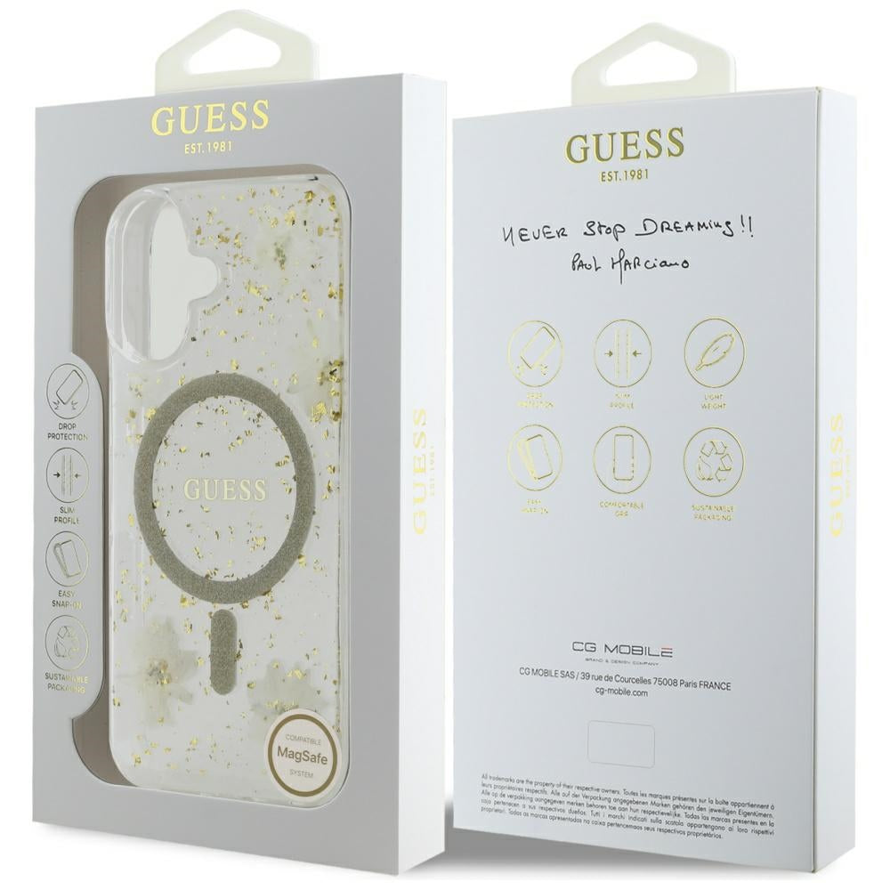 MagSafe hoes voor Apple iPhone 16, Guess, Resin Flowers and Glitter, Beige