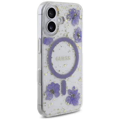MagSafe hoesje voor Apple iPhone 16, Guess, Resin Flowers and Glitter, Paars