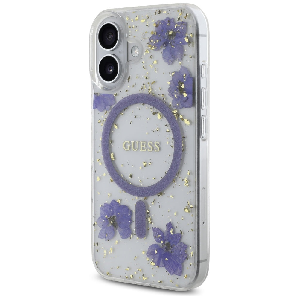 MagSafe hoesje voor Apple iPhone 16, Guess, Resin Flowers and Glitter, Paars