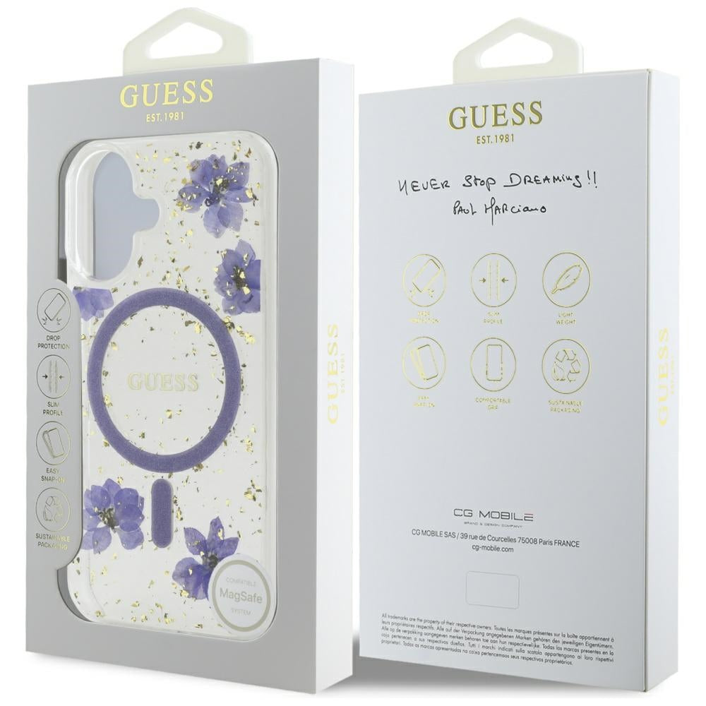 MagSafe hoesje voor Apple iPhone 16, Guess, Resin Flowers and Glitter, Paars