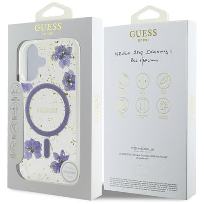 MagSafe hoesje voor Apple iPhone 16, Guess, Resin Flowers and Glitter, Paars