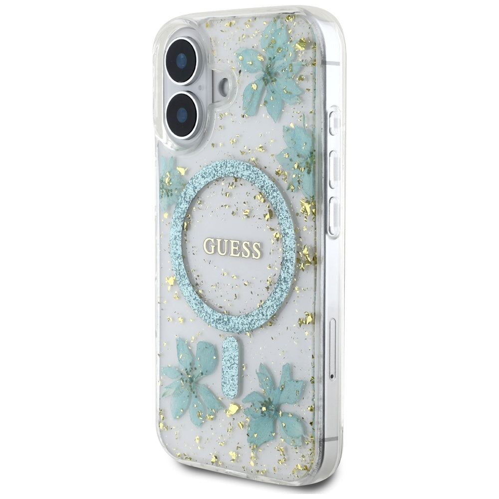 MagSafe Case for Apple iPhone 16, Guess, Resin Flowers and Glitter, Turquoise