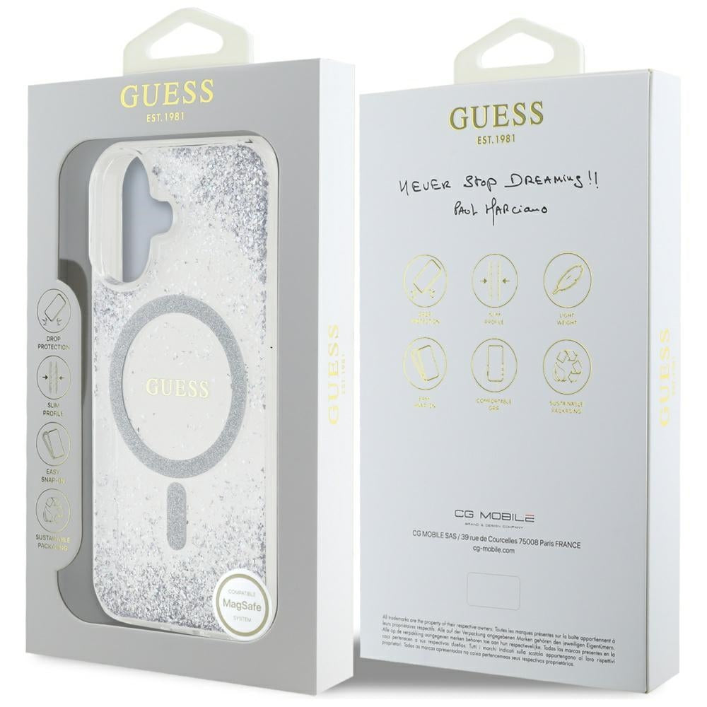 MagSafe hoesje voor Apple iPhone 16, Guess, Resin Gradient Glitter, Zilverkleurig