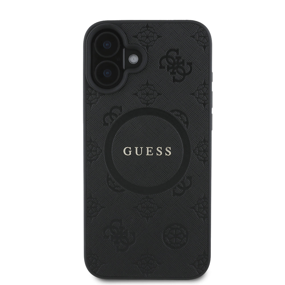 MagSafe hoesje voor Apple iPhone 16, Guess, Saffiano Peony Classic Logo, Zwart