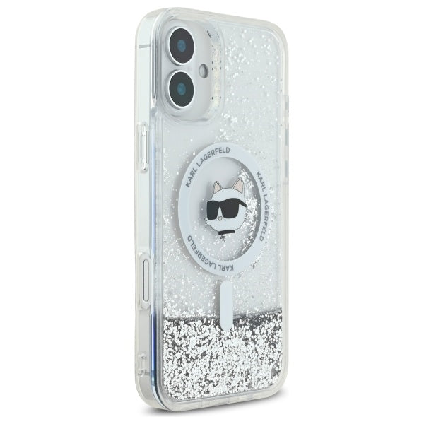 MagSafe hoes voor Apple iPhone 16, Karl Lagerfeld, Glitter Liquid Choupette Head, Transparant