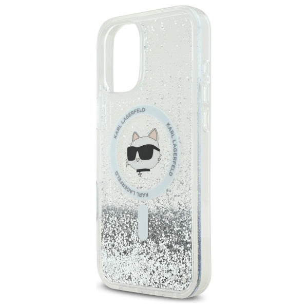 MagSafe hoes voor Apple iPhone 16, Karl Lagerfeld, Glitter Liquid Choupette Head, Transparant