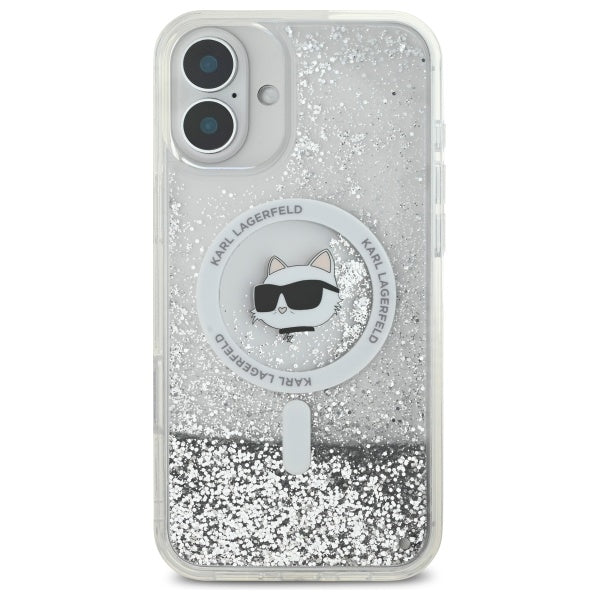 MagSafe hoes voor Apple iPhone 16, Karl Lagerfeld, Glitter Liquid Choupette Head, Transparant