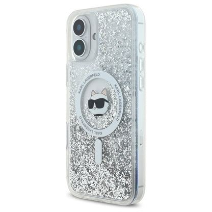MagSafe hoes voor Apple iPhone 16, Karl Lagerfeld, Glitter Liquid Choupette Head, Transparant