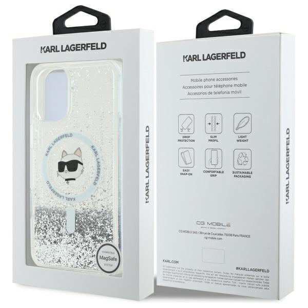 MagSafe hoes voor Apple iPhone 16, Karl Lagerfeld, Glitter Liquid Choupette Head, Transparant