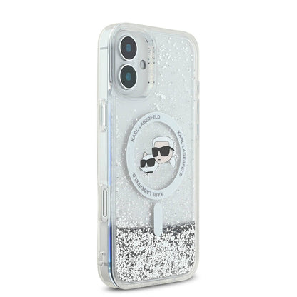 MagSafe hoes voor Apple iPhone 16, Karl Lagerfeld, Glitter Liquid Karl & Choupette's Heads, Transparant