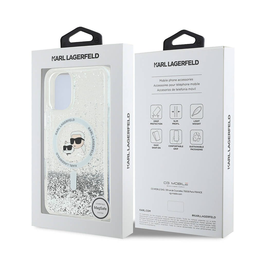 MagSafe hoes voor Apple iPhone 16, Karl Lagerfeld, Glitter Liquid Karl & Choupette's Heads, Transparant