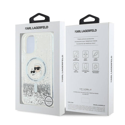MagSafe hoes voor Apple iPhone 16, Karl Lagerfeld, Glitter Liquid Karl & Choupette's Heads, Transparant