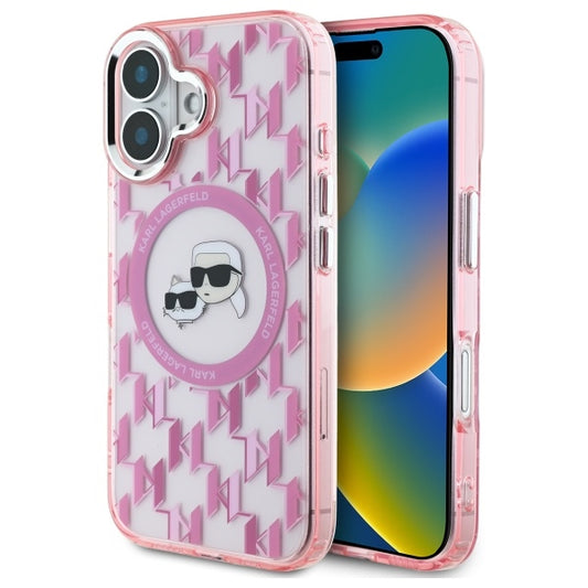 MagSafe hoesje voor Apple iPhone 16, Karl Lagerfeld, IML Monogram Karl & Choupette's Heads, Roze