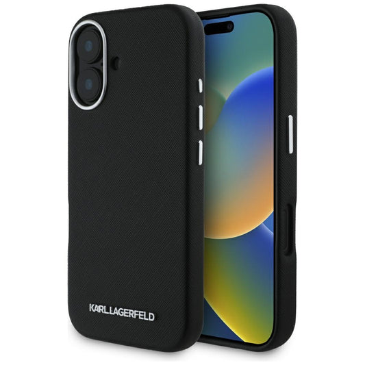MagSafe hoes voor Apple iPhone 16, Karl Lagerfeld, Saffiano Full Wrapped Elongated Metal Logo, Zwart