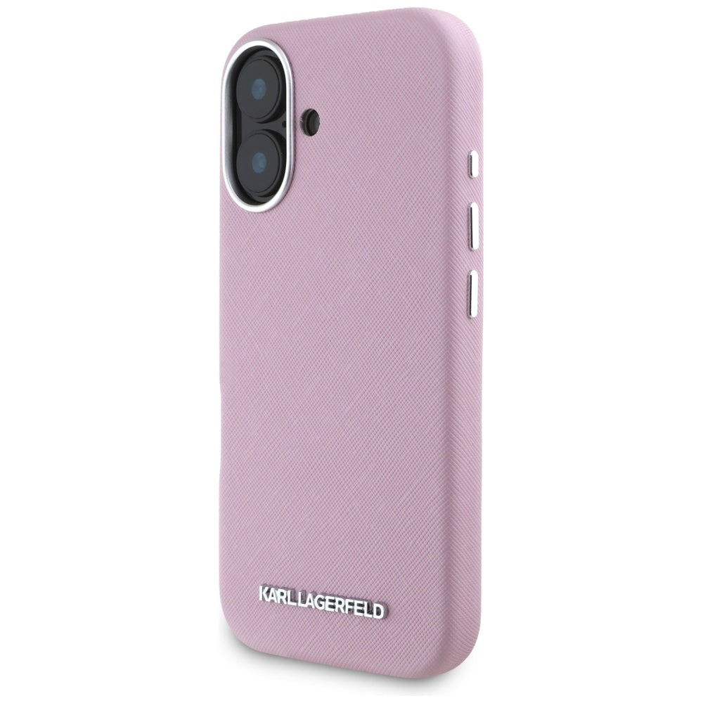 MagSafe hoesje voor Apple iPhone 16, Karl Lagerfeld, Saffiano Volledig Omhuld Verlengd Metalen Logo, Roze